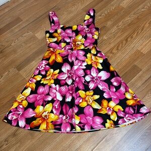 Vintage Scarlett black with a vibrant pink and yellow floral dress. Size 7/8.